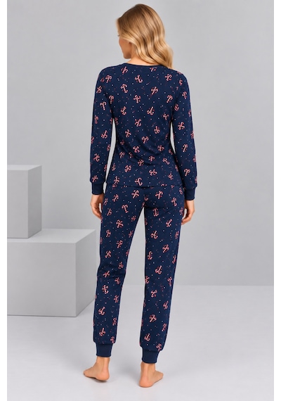 Pijamask Kadın Lacivert Baston Şeker Desenli Pamuklu Pijama Takımı Lacivert