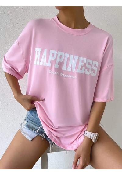 Flood Of Style Kadın Pembe Happıness Baskılı Oversize Tshirt