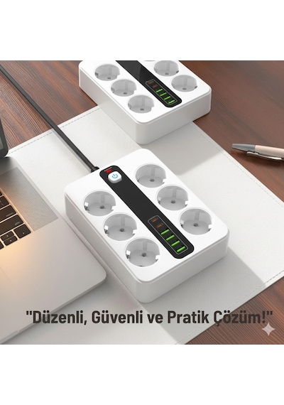 6 Prizli Akım Korumalı Çoklu Priz 4 Usb Şarj Girişli Duvar Tipi Anahtarlı Güvenlik Korumalı 1 - 3 M