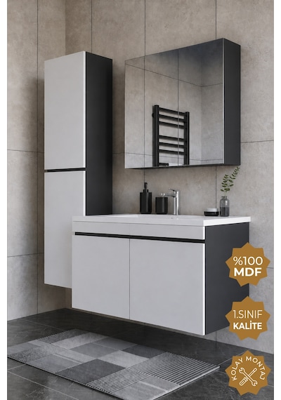 Teta Home Tokyo 100 Cm Mdf Banyo Dolabı Seti + Boy Dolabı Antrasit - Beyaz