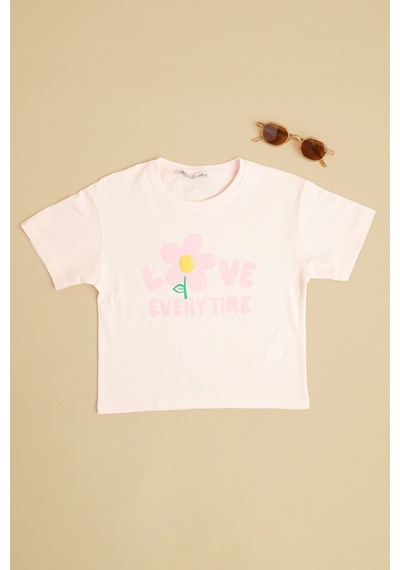 Fullamoda Love Every Time Baskılı Kız Çocuk Crop Tişört Pembe