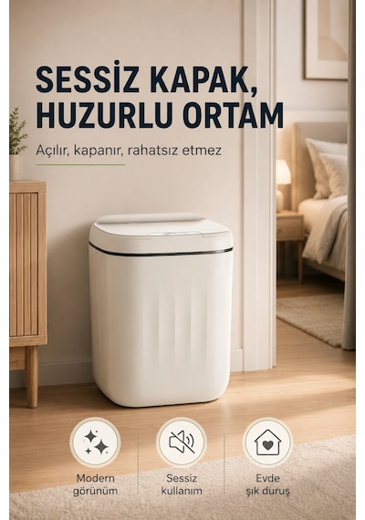 Akıllı Sensörlü 20 Litre Çöp Kovası Sessiz Kapaklı Modern Hijyenik Ev Tipi Çöp Kutusu