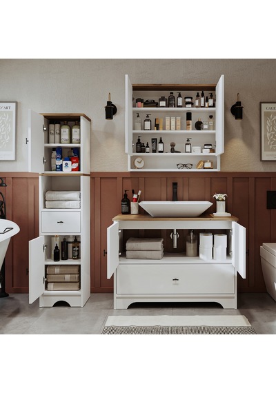 Lavabolu Mdf 100Cm Çekmeceli Banyo Dlp + Aynalı Üst Dlp + Boy Dlp Beyaz - Atlantik Çam