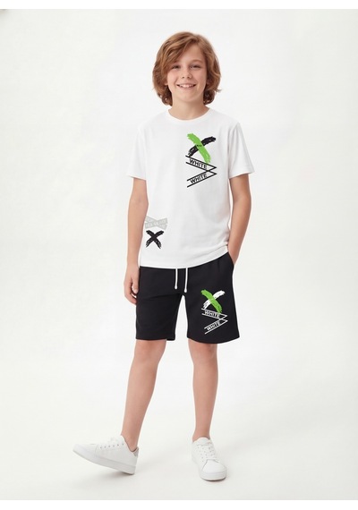 Panios Kids X White Baskı Detaylı Yuvarlak Yaka Yazlık Erkek Çocuk Alt Üst Takım Beyaz