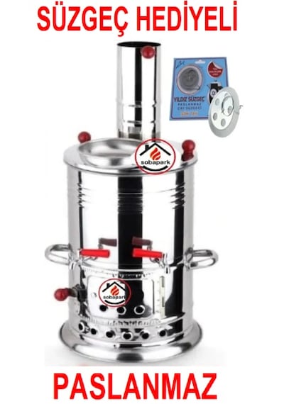 Çift Musluklu Odunlu Kömürlü Çay Semaveri Odunlu Kömürlü Paslanmaz Semaver 5 Litre