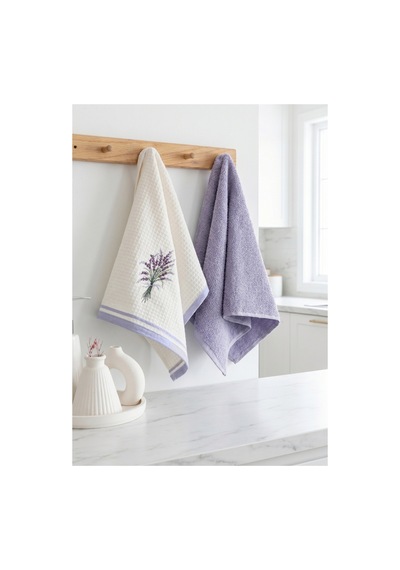 2 Li Nakışlı Havlu Takımı - %100 Pamuk Lavanta Desenli - 40x60 Cm - Lila Lıla