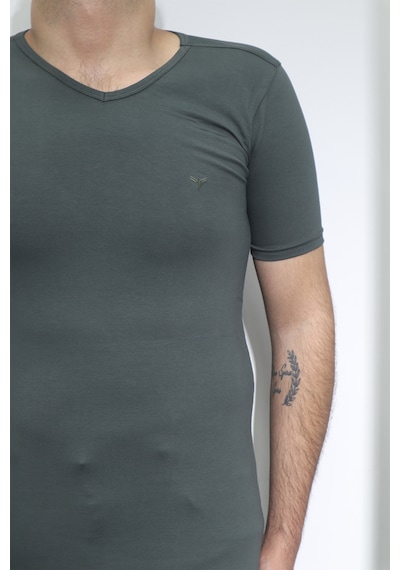 Santa Dmctekstil Erkek Düz Spor Kesim Dar Kalıp V-yaka T-shirt Haki