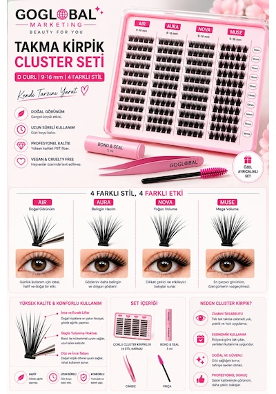 4 Farklı Stil Cluster Takma Kirpik Seti D Curl 9-16 Mm Mix Aır Aura Nova Muse Bond & Seal Cımbız Fır