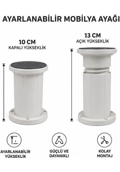 Kenzlife Mobilya Dolap Kanepe Baza Ayağı Jumbo Ayarlı Beyaz Plastik 04 Adet 10 Cm Yükseklik