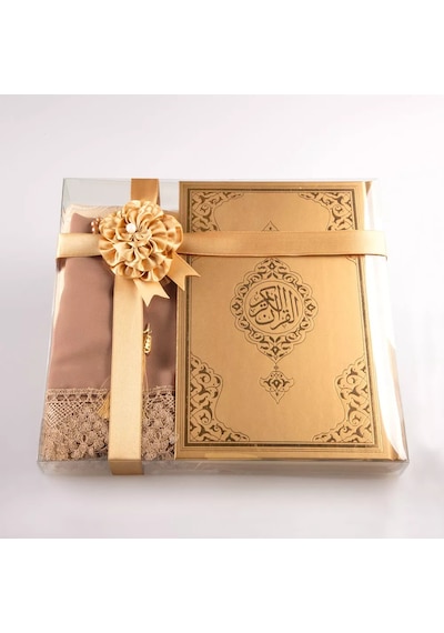 Şal + Seccade + Tesbih + Kuran Hediye Seti Hafız Boy, Ekonomik Cilt, Gold