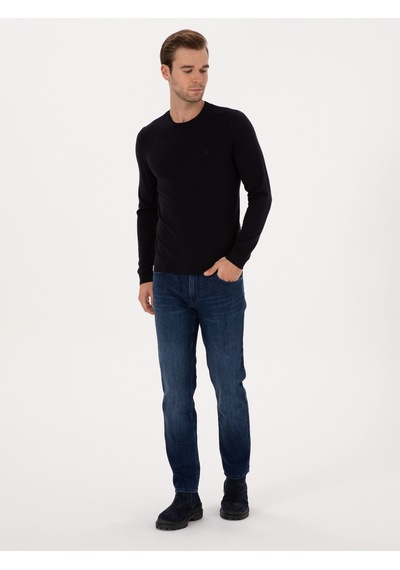 Cacharel Lacivert Slim Fit Pamuk Karışımlı Bisiklet Yaka Basic Triko Kazak