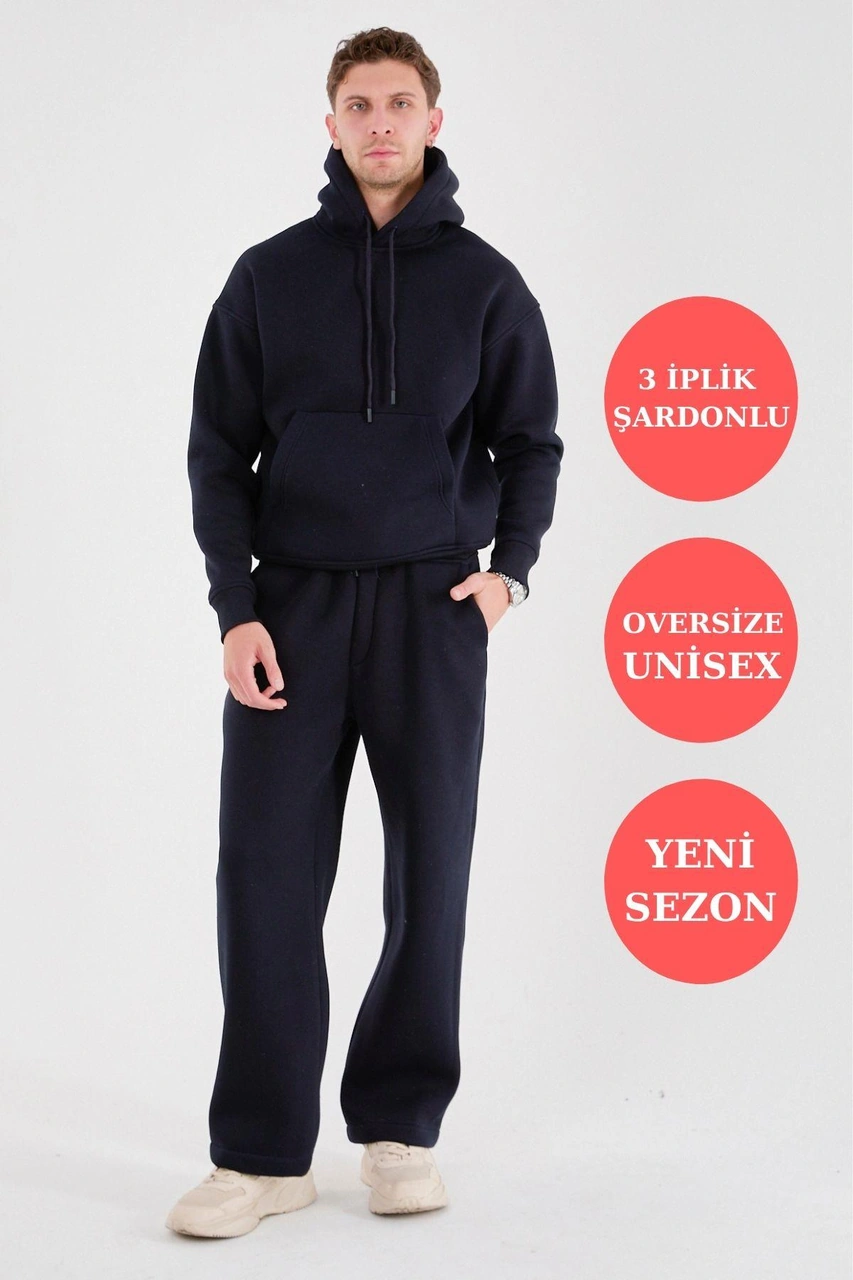 Q-4008 Kapüşonlu Üç İp Şardonlu Sweat Lacivert