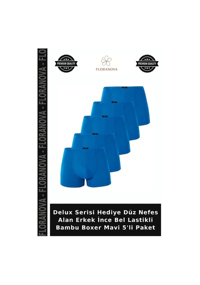 Floranova Delux Serisi Hediye Düz Nefes Alan Erkek İnce Bel Lastikli Bambu Boxer Mavi 5'li Paket Saks