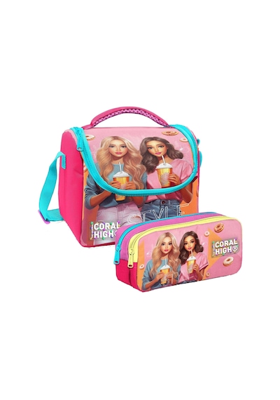 Coral High Kız Çocuk Pembe Kırmızı Fashion Girl Thermo Beslenme Çantası Ve İki Bölmeli Kalemlik Seti Çok Renkli