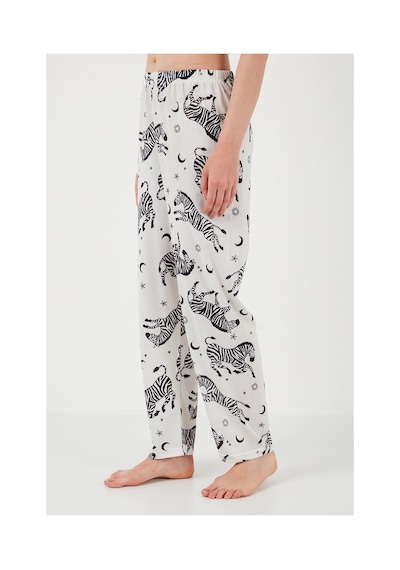 Lela Desenli Kısa Kollu Beli Lastikli Gömlek Yaka Dokuma Regular Fit Bayan Pijama Takımı 6571010 Ekru-Siyah