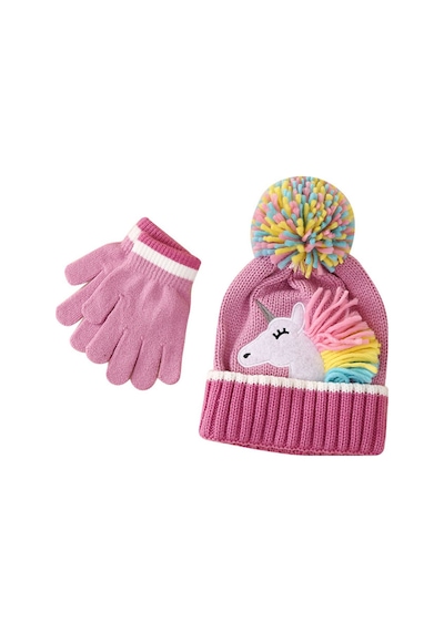 Unicorn Aplikeli Örme Bere Ve Eldiven İkili Set Pembe