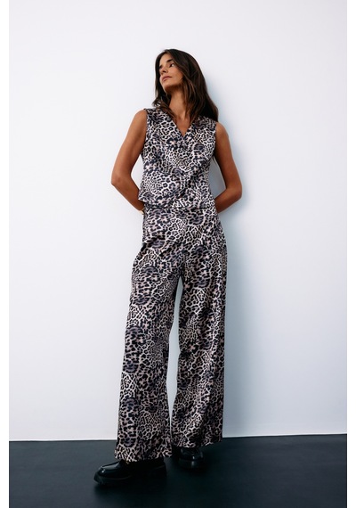 Sateen Leopar Desenli Saten Pantolon - Gri-135185 Gri