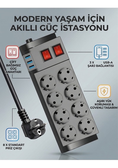 Termal Akım Korumalı 8 Li Uzatma Kablosu 3 X Usb 2 Mt 16 Amper