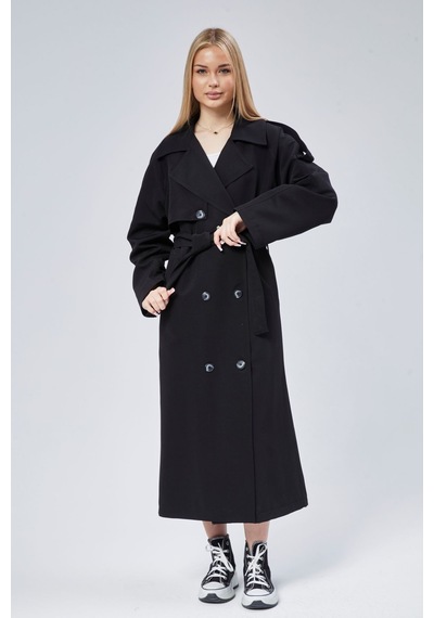 Siyah Oversize Astarlı Uzun Trençkot Siyah