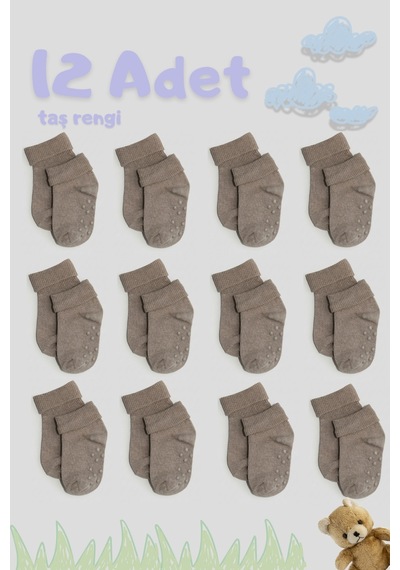 Cnt Erkek / Kız Bebek Kaydırmaz Taban Pamuklu Yumuşak Çorap 12 Li Paket Gri Gri