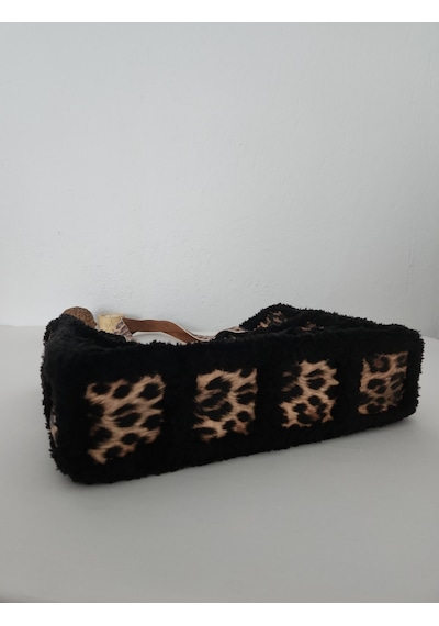 Fikriharika Design Leopar Desenli, Kürk İp, Büyük Boy, Kadın Omuz Çantası Siyah - Leopar