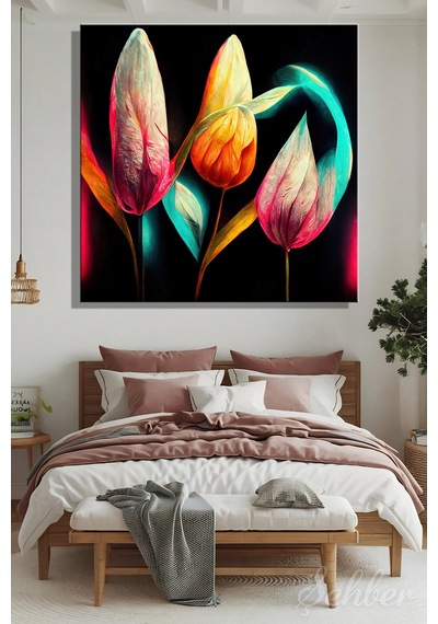 Siyah Fonda Neon Ve Soyut Lale Motiflerine Sahip Dekoratif Kare Kanvas Tablo 4275 Çok Renkli