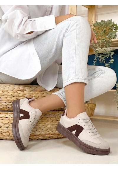 Kadın Sneaker Yüksek Taban Ortopedik Bağcıklı Spor Ayakkabı Retro Bej-011