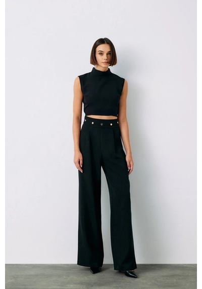 Sateen Çıt Çıt Detaylı Pantolon Siyah