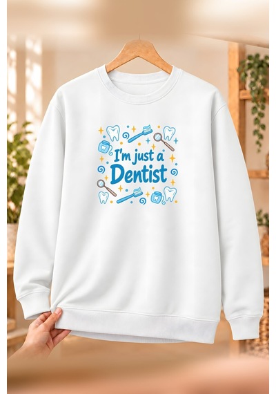 Diş Hekimi Dentist Meslek Yazısı Baskılı Erkek Bisiklet Yaka Sweatshirt - Beyaz