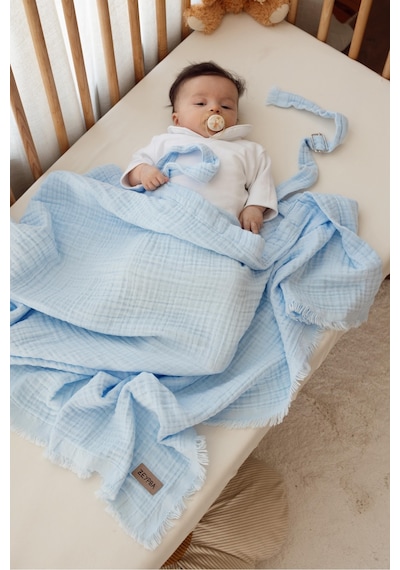 Zeypba %100 Pamuk 4 Katlı Müslin Emzirme Örtüsü & Puset Örtüsü Püsküllü 85x110 CM Bebe Mavi