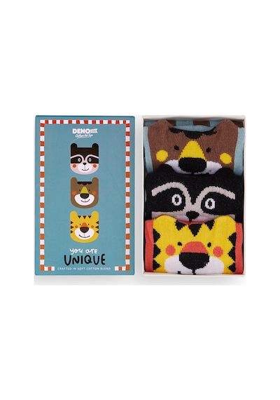 Denokids Erkek Çocuk Hayvan Desenli Pamuklu Çok Renkli 3'lü Paket Çorap 4-9 Yaş