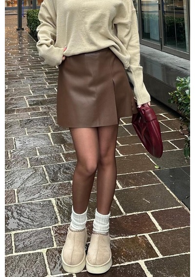 Madmext Kahverengi Mini Boy Kadın Deri Etek Mg2298 Kahverengi