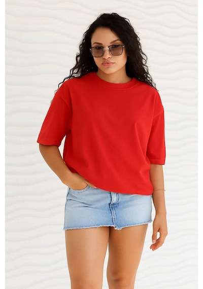 Benroma Düz Oversize Unisex Tişört Ycb5 Kırmızı