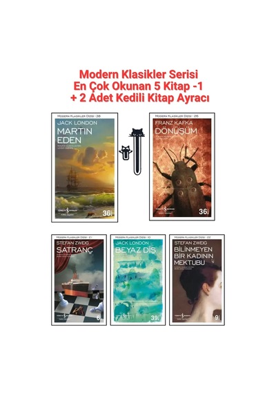 Modern Klasikler Serisi, İş Bankası Kültür Yayınları 5 Kitap-1 + 2 Adet Kedili Kitap Ayracı, Martin Eden, Dönüşüm, Satranç, Beyaz Diş, Bilinmeyen Bir Kadının Mektubu