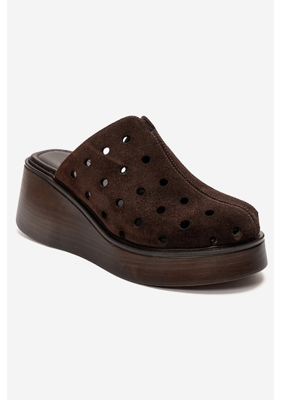 Luvishoes Nıves Kahverengi Süet Hakiki Deri Delikli Kadın Dolgu Topuklu Terlik Kahverengi