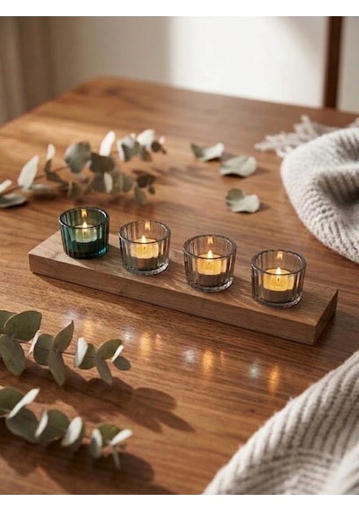 Ferwood Design Ferwood %100 Doğal Masif Ceviz Ağacı 4'lü Dekoratif Ahşap Mumluk Cam Hazneler Dahil Kahverengi