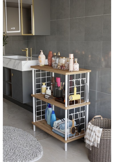 3 Raflı Çevir Tak Beyaz Telli Metal Gövdeli Çok Amaçlı Banyo Rafı Ve Organizer Raf Banyo Dolabı Atlantik Çam