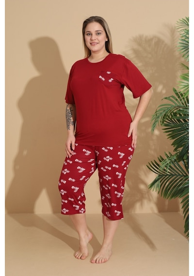 Eyfuze Kadın Curve Büyük Beden Milan Kumaş Kapri Kısa Kollu Pijama Takımı Kırmızı