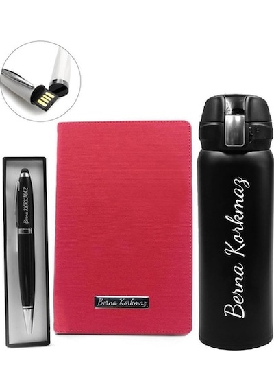 Kişiye Özel Kilitli Termos & 32 Gb Siyah Usb Kalem & Kırmızı Deft