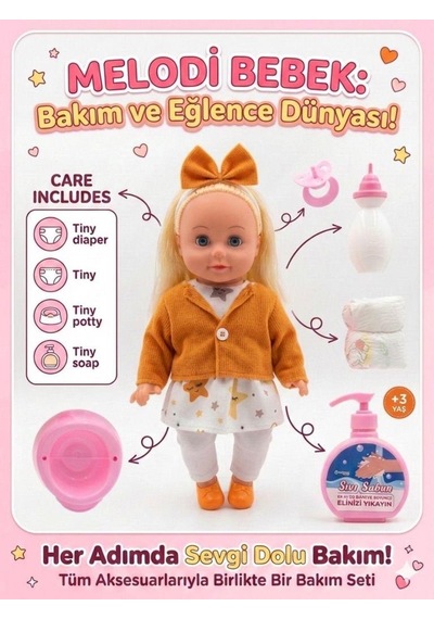 Mila Altını Islatan Konuşan 34 Cm Bebek Bakımı Eğitici Aksesuarlı Oyun Seti Turuncu