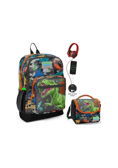 Coral High Gri Yeşil Dinazor Okul Ve Beslenme Çantası Seti - Usb