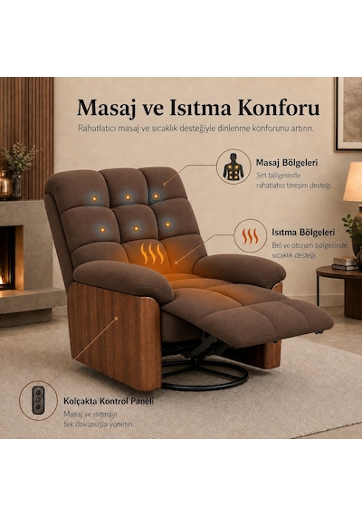 Smarto Relax Porto Tv Koltuğu Elektrikli Masajlı Isıtmalı Döner Sallanan Ahşap Yan Panelli Polyester Kumaş Baba Koltuğu Kahverengi