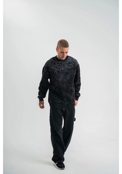 Unisex Uzun Kol Bisiklet Yaka Yıkamalı Sweatshirt - Siyah