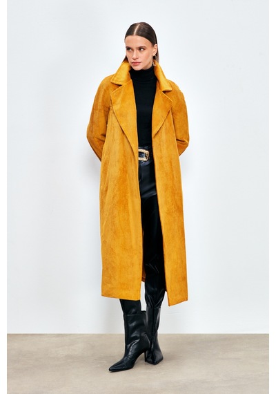 Sateen Uzun Kadife Trençkot - Camel-134017 Camel