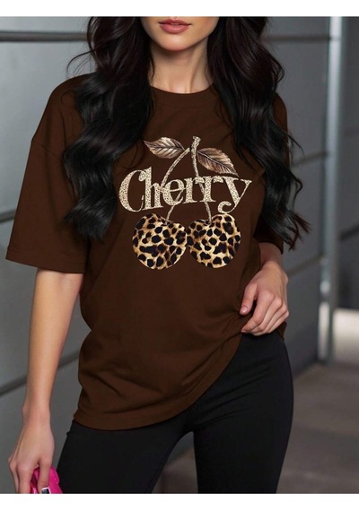 Uyguntarz Unisex Leopar Desenlı Vişne Baskılı Tasarım Tshirt Kahverengi