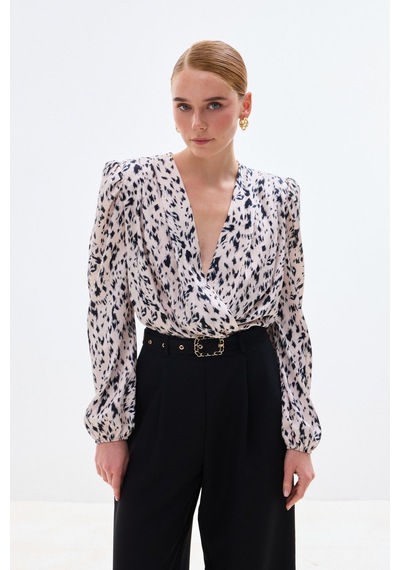 Sateen Kruvaze Bodysuit Bluz - Ekru-136748 Ekru