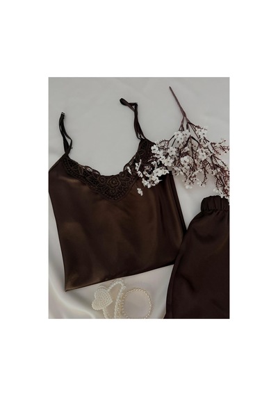 Mh Moony Homewears Kahverengi Lüks Saten Şortlu Pijama Takımı Kahverengi