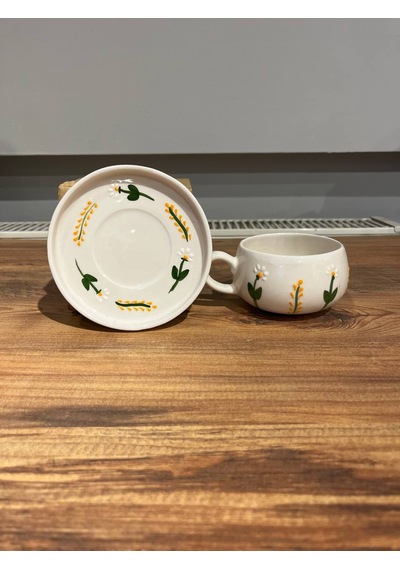 Dal Papatya Desenli Tabakl Seramik Kupa, Mug, Double Türk Kahvesi
