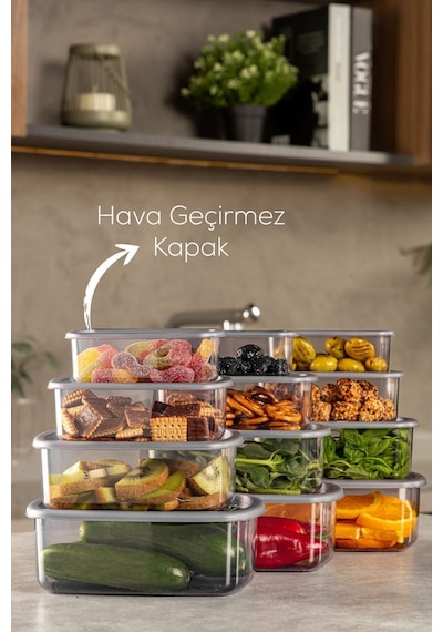 Vienev 12'li Hava Geçirmez Saklama Kabı Seti Antrasit 3 x 250 - 500 - 750 - 1200 ML Antrasit