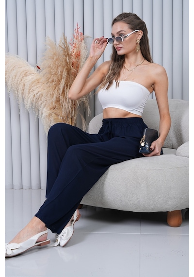 Polologin Butik Beli Bağcıklı Yüksek Bel Bol Paça Lacivert Pantolon Turkuaz
